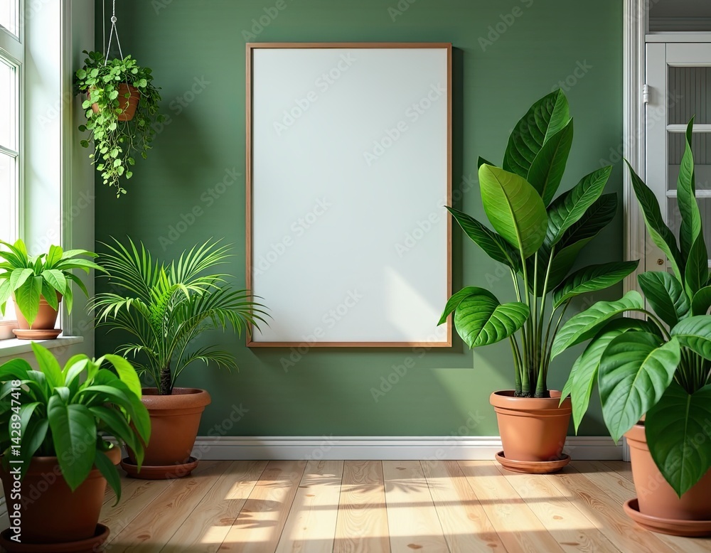 Blank Canvas Mockup in Green Room with Houseplants