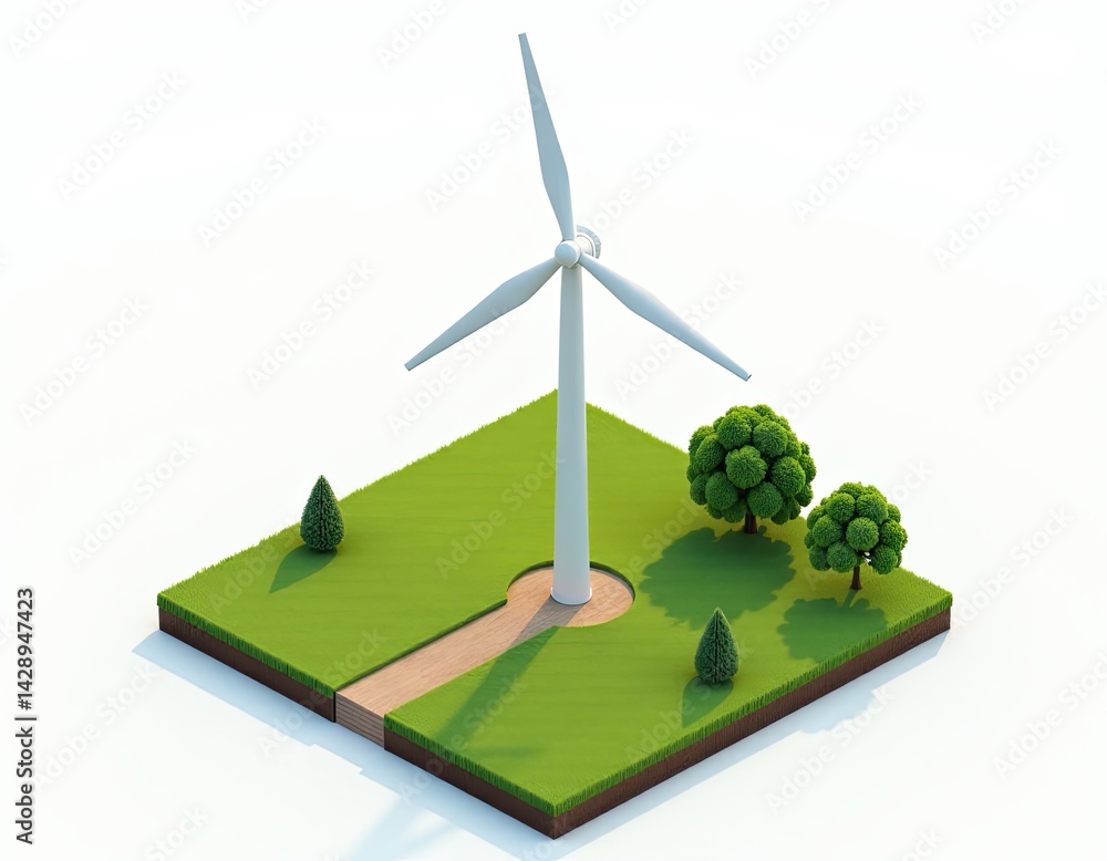 Isometric Wind Turbine in Green Field - Renewable Energy Concept