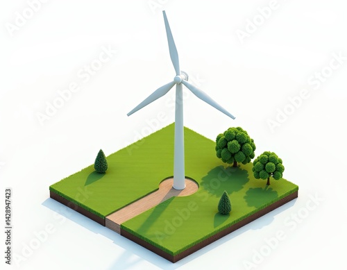 Obraz na płótnie Isometric Wind Turbine in Green Field - Renewable Energy Concept w salonie