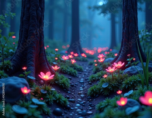Obraz na płótnie Enchanted Forest with Glowing Flowers w salonie