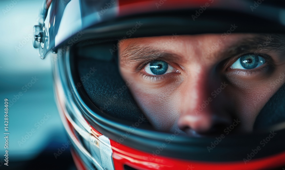 Intense close-up of race car driver in helmet showcasing piercing blue eyes Intense close-up of race car driver in helmet showcasing piercing blue eyes
