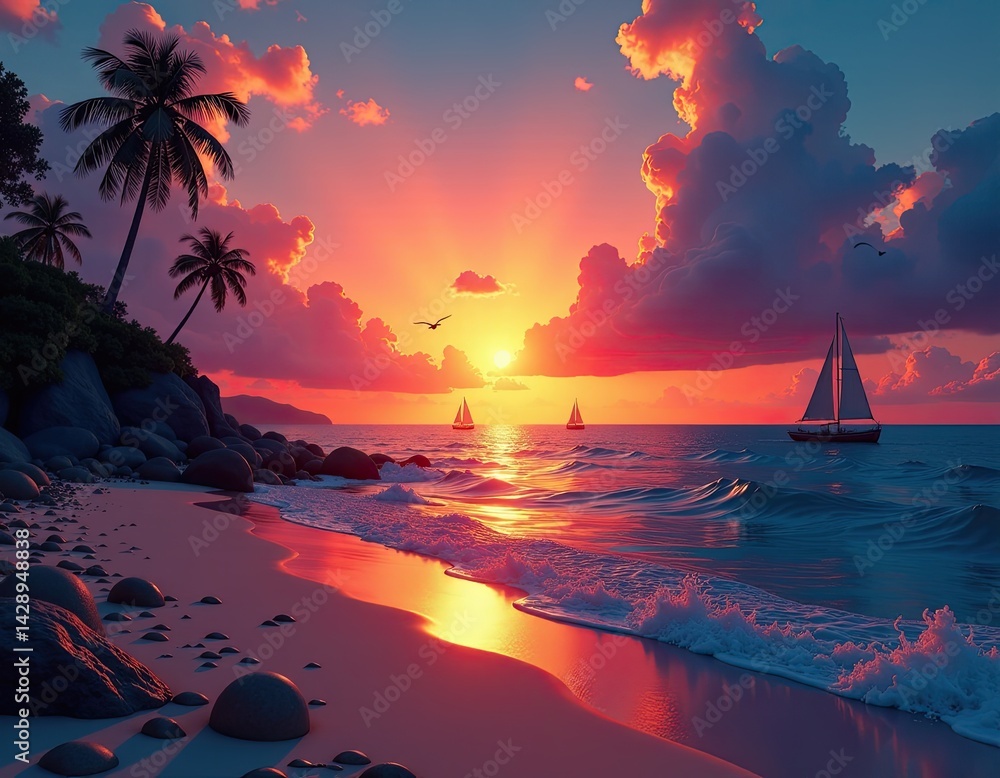 Tropical Sunset Beach Scene with Sailboats at Golden Hour