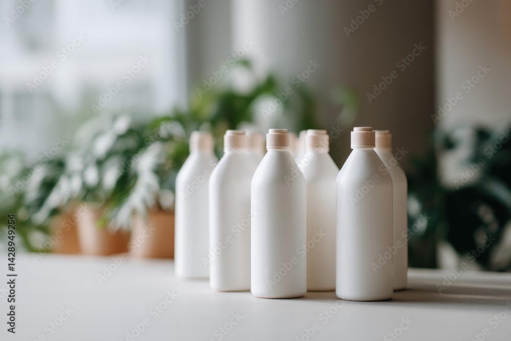 bottles of eco-friendly cleaning products neatly arranged in minimalist setting soft focus on people in background bottles of eco-friendly cleaning products neatly arranged in minimalist setting soft focus on people in background