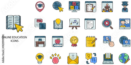 Online Education simple concept 24 hand drawn color icons set. Contains such e-learning, healthcare and medicine .Vector illustration.