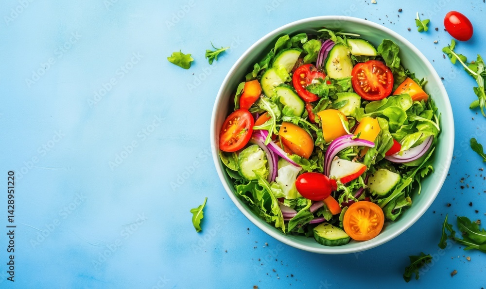 Fresh vegetable salad with cucumbers, tomatoes, and mixed greens on blue background Fresh vegetable salad with cucumbers, tomatoes, and mixed greens on blue background