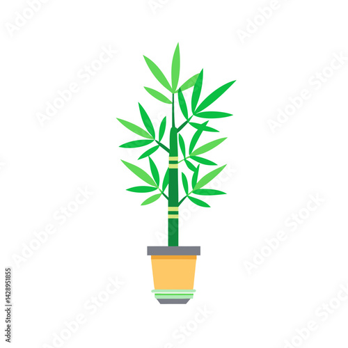 Cartoon Bamboo Plant in Pot Isolated on Black