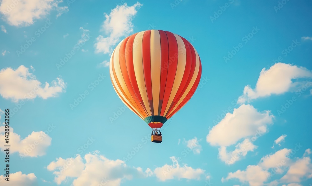 Colorful hot air balloon soaring through clear blue sky with fluffy clouds Colorful hot air balloon soaring through clear blue sky with fluffy clouds