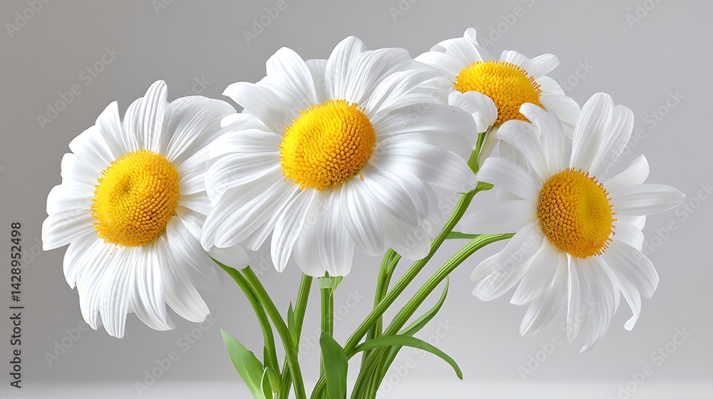 Obraz premium Four white daisies with yellow centers, arranged in a bouquet, against a plain grey background
