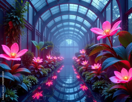 Dreamy Conservatory with Pink Flowers and Fog