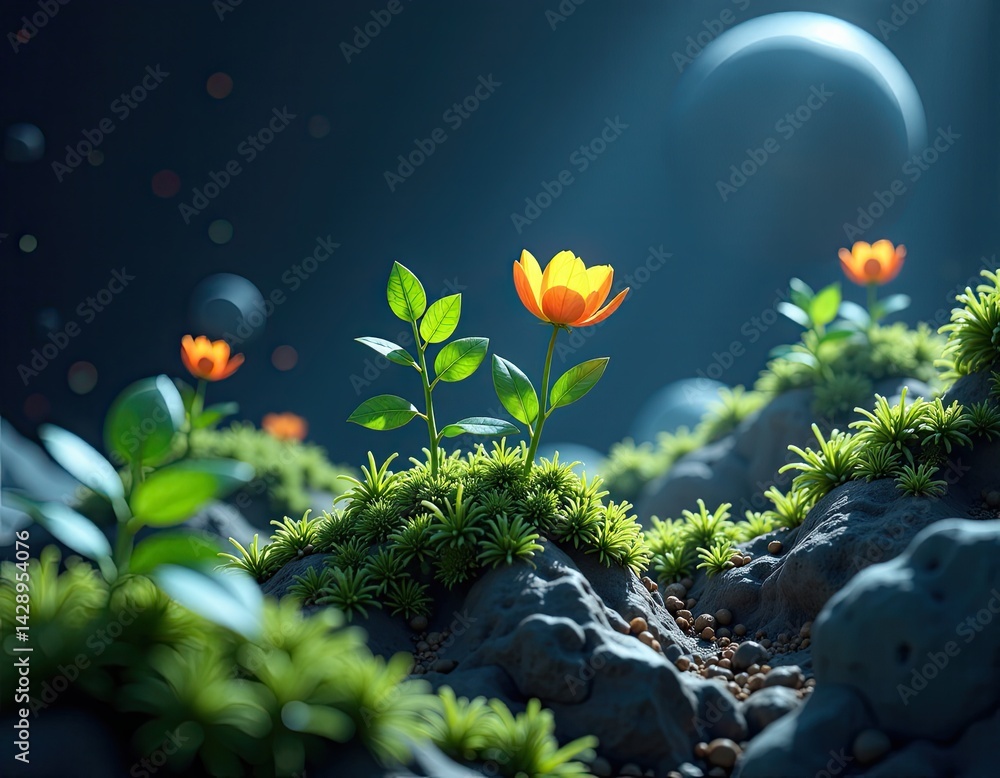 Alien Landscape with Glowing Orange Flowers - Surreal 3D Render