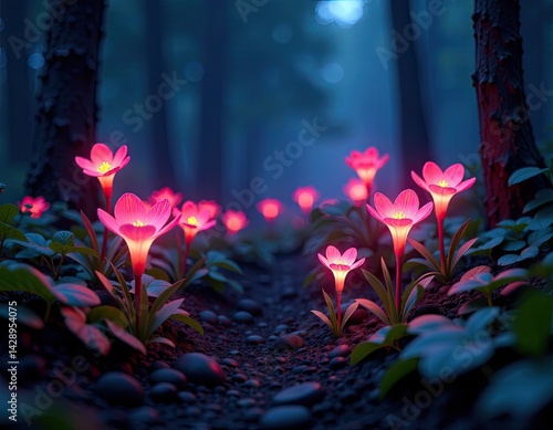 Obraz na płótnie Glowing Pink Flowers in Dark Forest at Night - Magical Fantasy Nature Scene w salonie