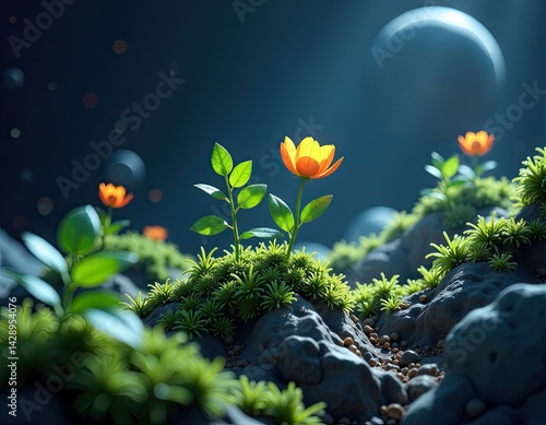 Obraz na płótnie Alien Landscape with Glowing Orange Flowers - Surreal 3D Render w salonie