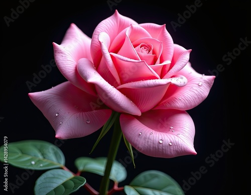 Elegant Pink Rose with Water Droplets on Black Background