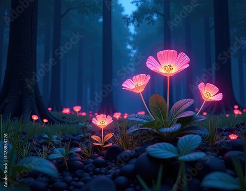 Obraz na płótnie Glowing Flowers in a Dark Forest w salonie