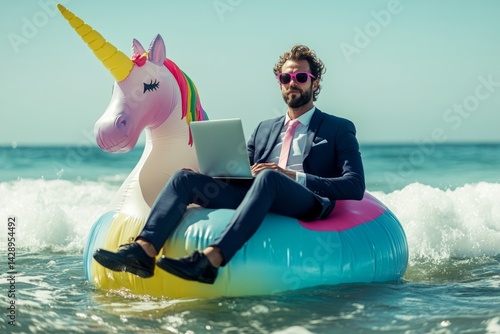 Businessman wearing suit and sunglasses using laptop while floating on inflatable unicorn in ocean, enjoying work-life balance