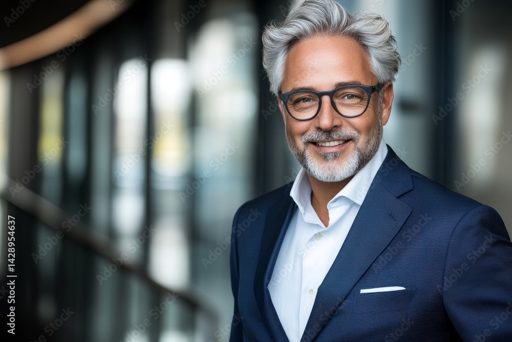 A male professional with a smile is standing at the office with one hand in his pocket A male professional with a smile is standing at the office with one hand in his pocket