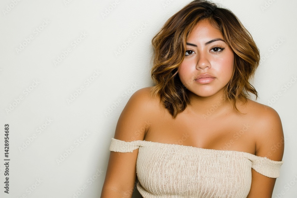 A confident and beautiful portrait of a young Hispanic woman in an off-the-shoulder top is presented on a gray background A confident and beautiful portrait of a young Hispanic woman in an off-the-shoulder top is presented on a gray background