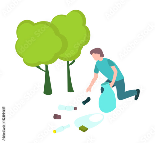 Environmental protection concept: Cleaning up debris, on transparent background, 3d isometric vector illustration