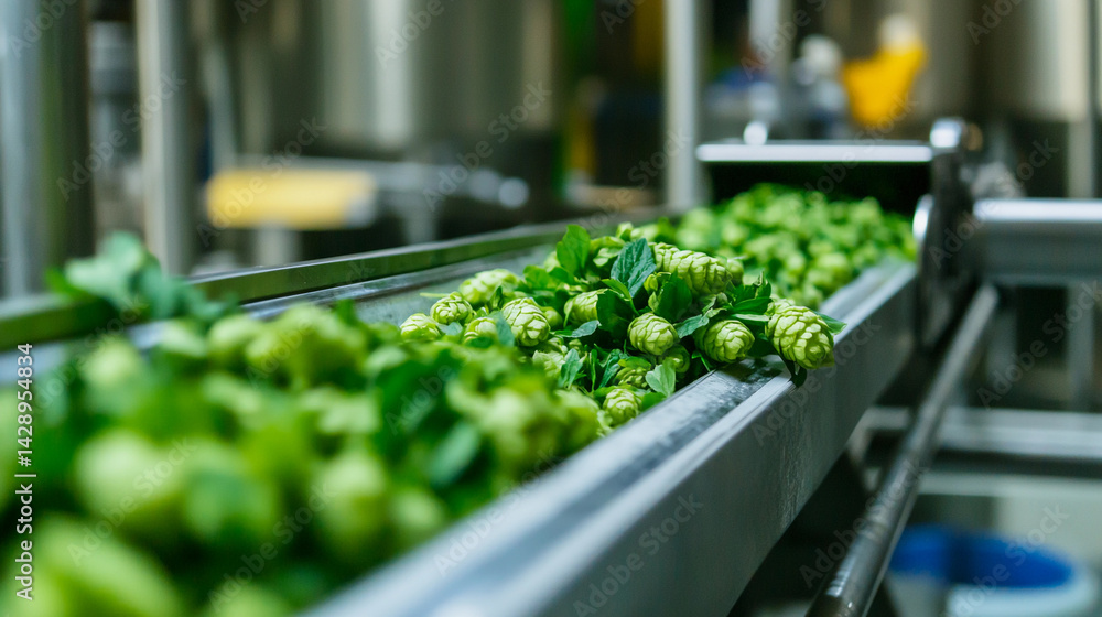 Close view of fresh green hops on processing conveyor Generative AI