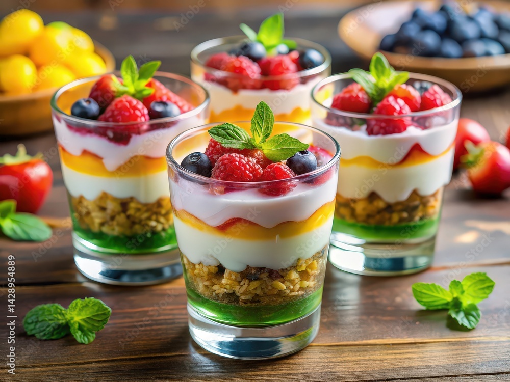 Three glasses filled with yogurt parfait containing granoland berries, topped with mint leaves. Three glasses filled with yogurt parfait containing granoland berries, topped with mint leaves.