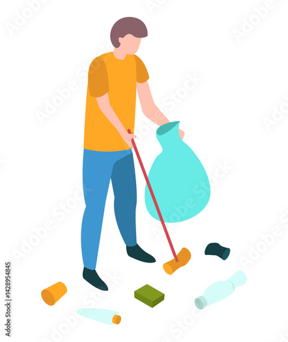 Environmental protection concept: Cleaning up debris, on transparent background, 3d isometric vector illustration
