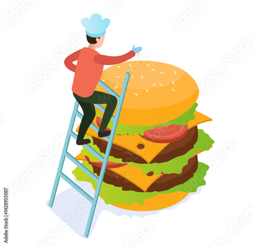 Fast Food concept: Process of Preparing Fast Food, on transparent background, 3d isometric vector illustration