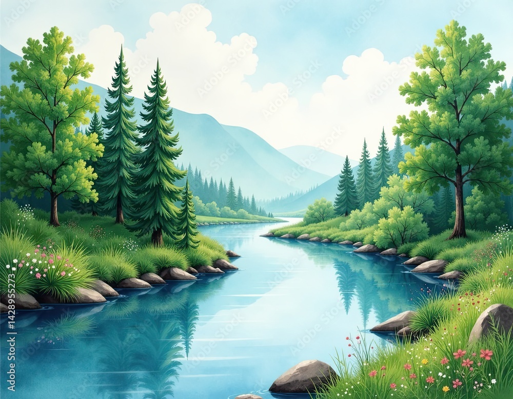 Serene River Landscape with Trees and Mountains
