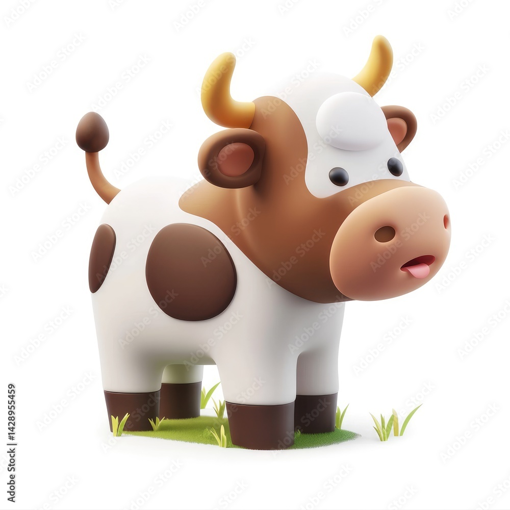 Naklejka premium Cute cartoon cow figurine stands on a grassy patch.