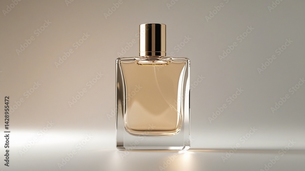 A single high-quality, elegant perfume bottle with a minimalist and luxurious design, made of crystal-clear glass with soft reflections and highlights A single high-quality, elegant perfume bottle with a minimalist and luxurious design, made of crystal-clear glass with soft reflections and highlights