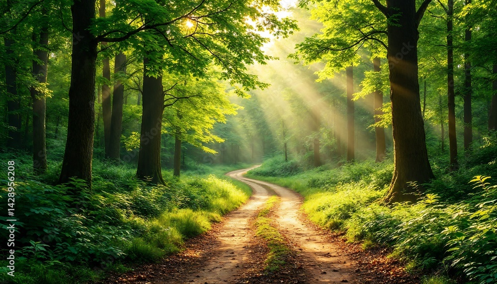Fototapeta premium Pathway Through Lush Green Forest with Sunlight Streaming Through the Trees