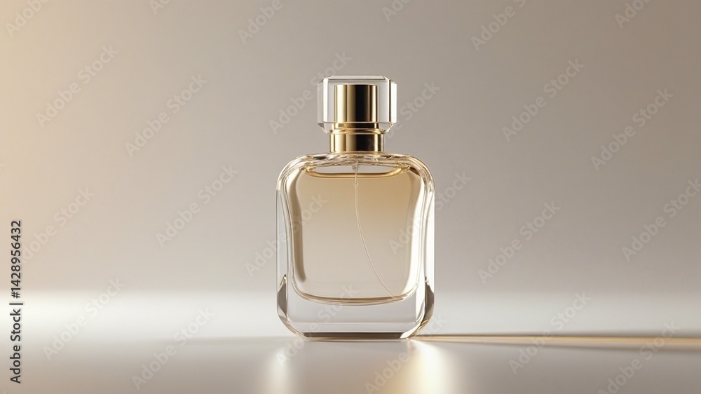 A single high-quality, elegant perfume bottle with a minimalist and luxurious design, made of crystal-clear glass with soft reflections and highlights A single high-quality, elegant perfume bottle with a minimalist and luxurious design, made of crystal-clear glass with soft reflections and highlights