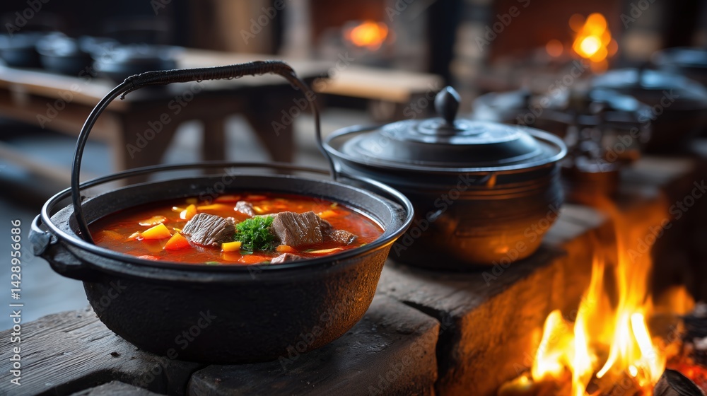 Fototapeta premium Hearty beef goulash stew in cauldron next to campfire, rustic cooking concept