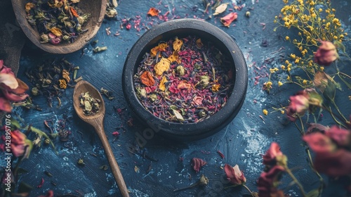 Fototapeta Naklejka Na Ścianę i Meble -  Decorative bowls with dried flowers and spice mix