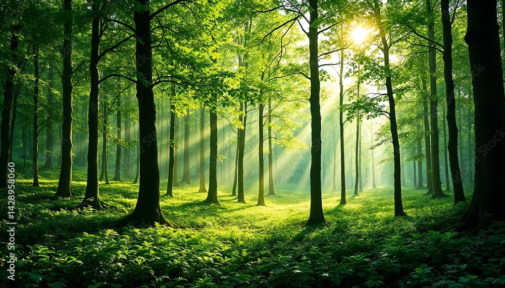 Naklejka premium Sun Rays Streaming Through Green Forest Trees in a Lush Landscape