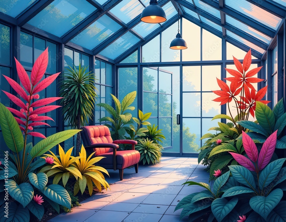 Serene Conservatory with Lush Plants and Comfortable Armchair