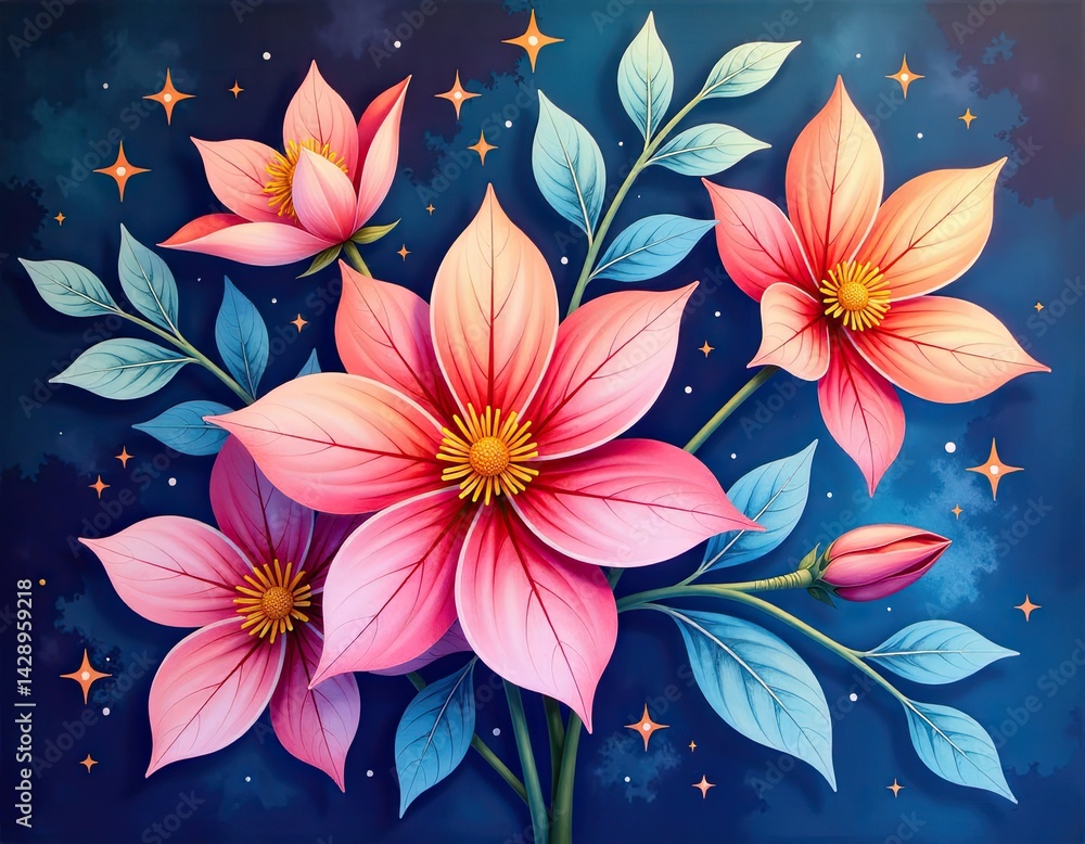 Celestial Pink Flowers Night Bloom Artistic Illustration
