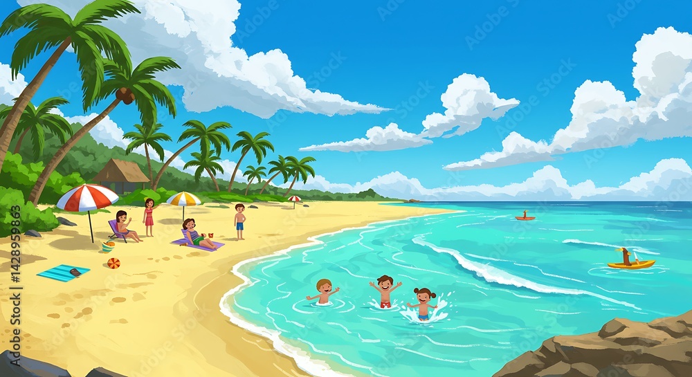 Naklejka premium Tropical Beach Fun: Vibrant Cartoon Family Summer AI Generated