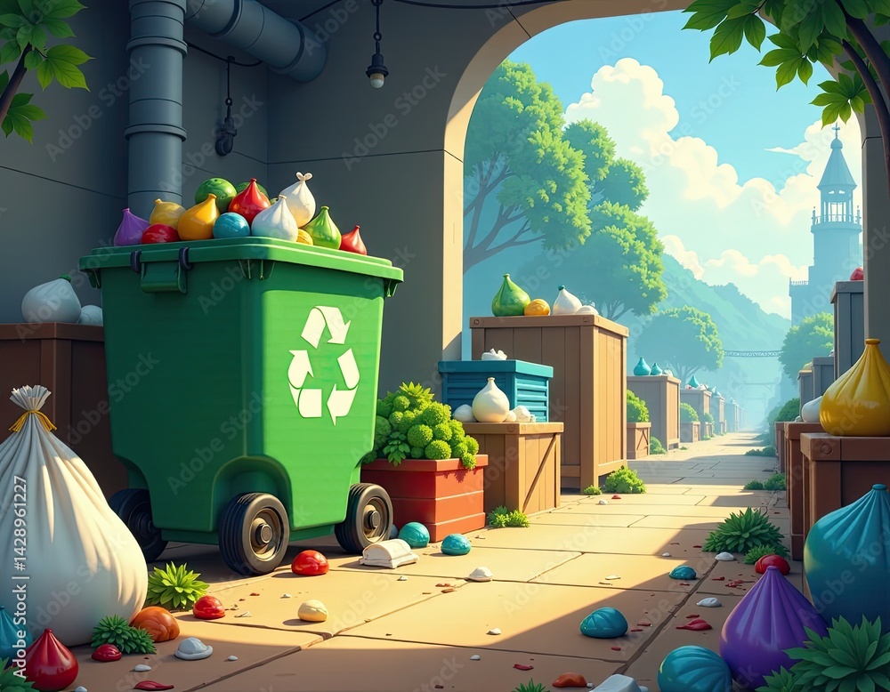 Cartoon Streetscape with Recycling Bin and Tower View