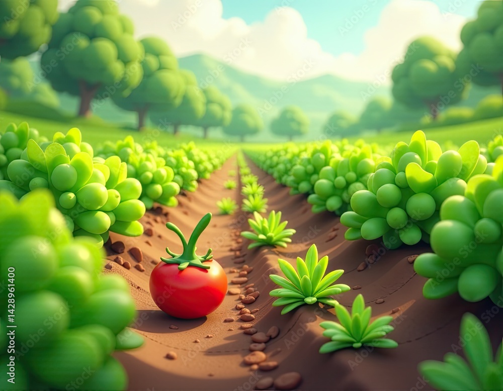 Cartoon Farm Field with Tomato