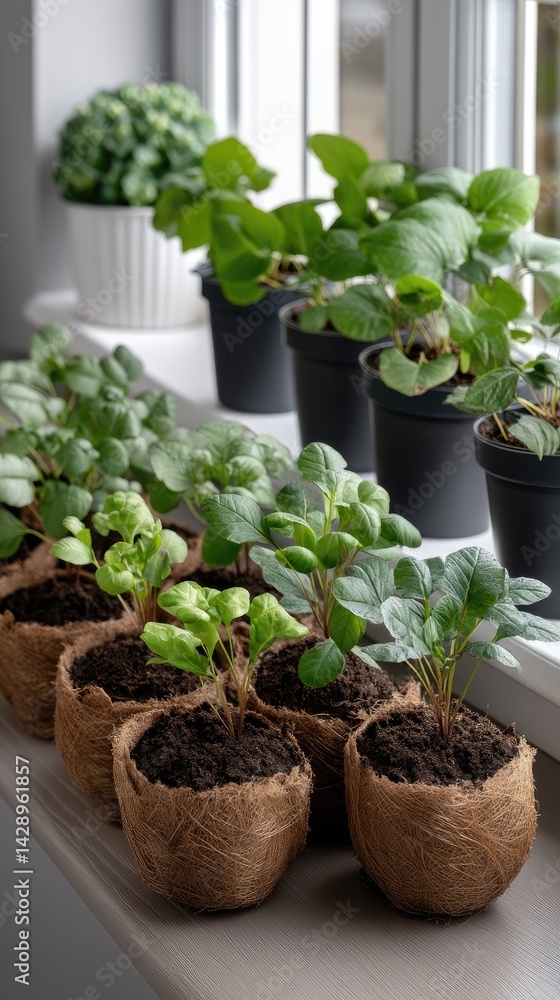 Seedlings thrive in peat pots on a bright windowsill, basking in warm natural light during a sunny day Seedlings thrive in peat pots on a bright windowsill, basking in warm natural light during a sunny day
