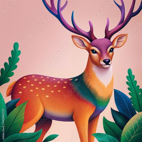 Colorful stag standing majestically among tropical leaves  