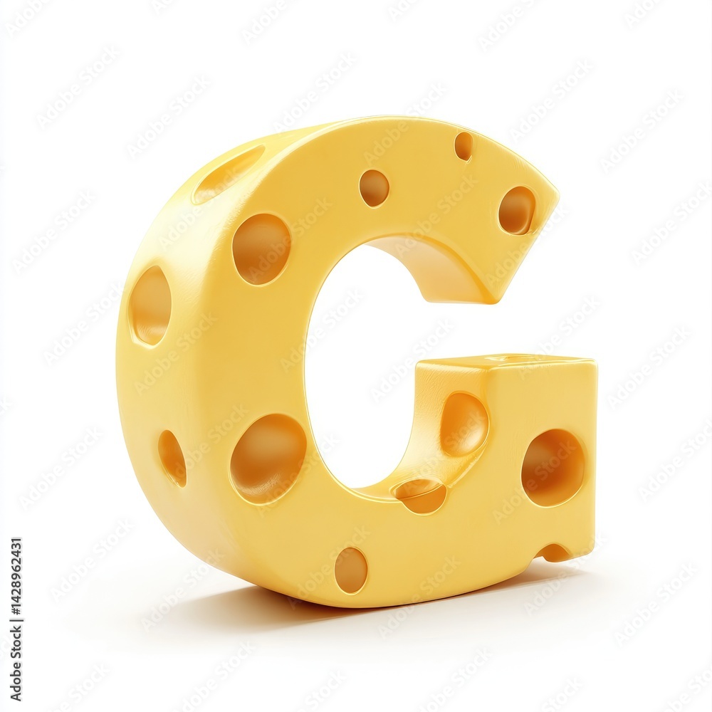 Fototapeta premium A cheese-shaped letter G stands out against a white background.