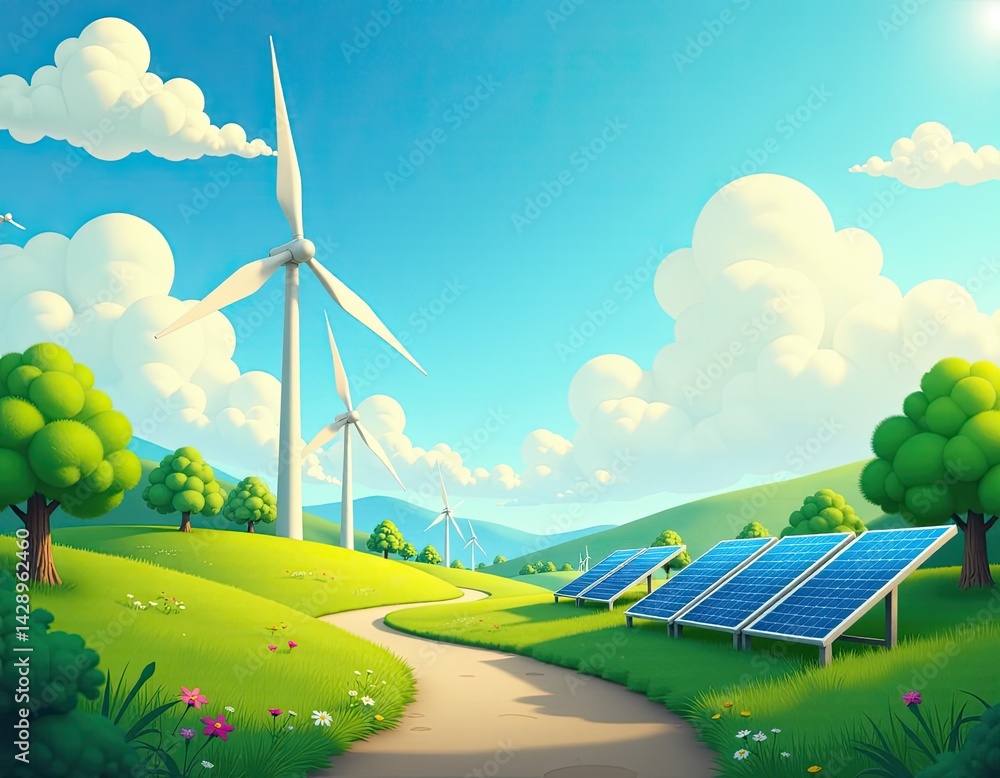 Cartoon Landscape with Wind Turbines and Solar Panels