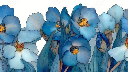 Fototapeta Naklejka Na Ścianę i Meble -  A cluster of blue flowers with yellow centers and green leaves, rendered in a stylized, almost stained-glass-like style