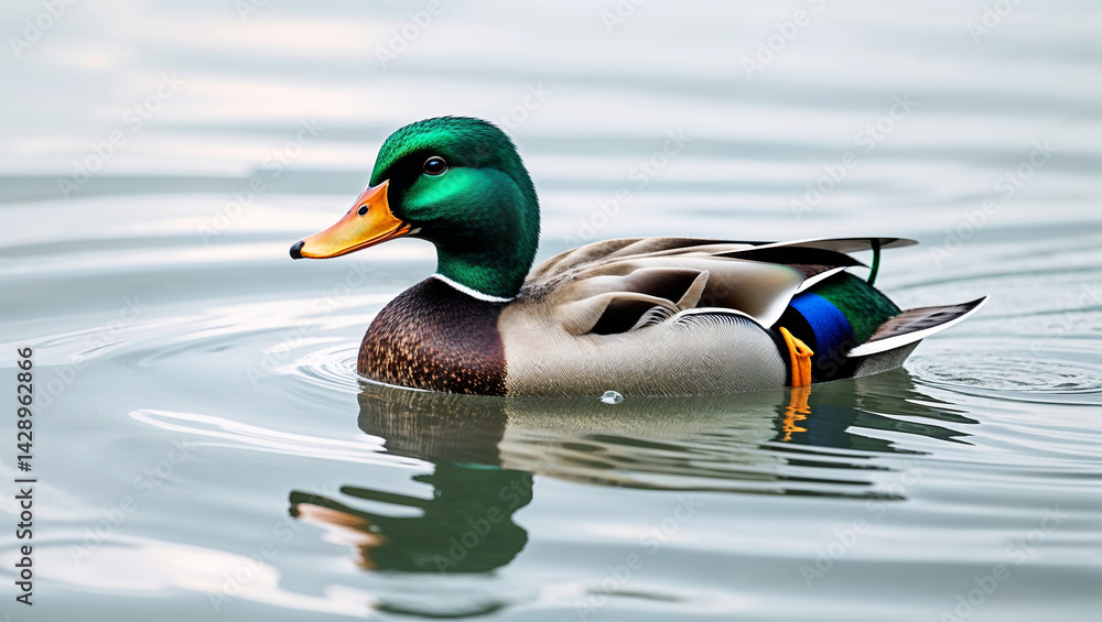 Obraz premium Majestic mallard duck floating serene on water detailed plumage reflection