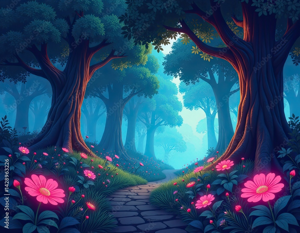 Enchanting Magical Forest Path with Glowing Pink Flowers - Fantasy Illustration