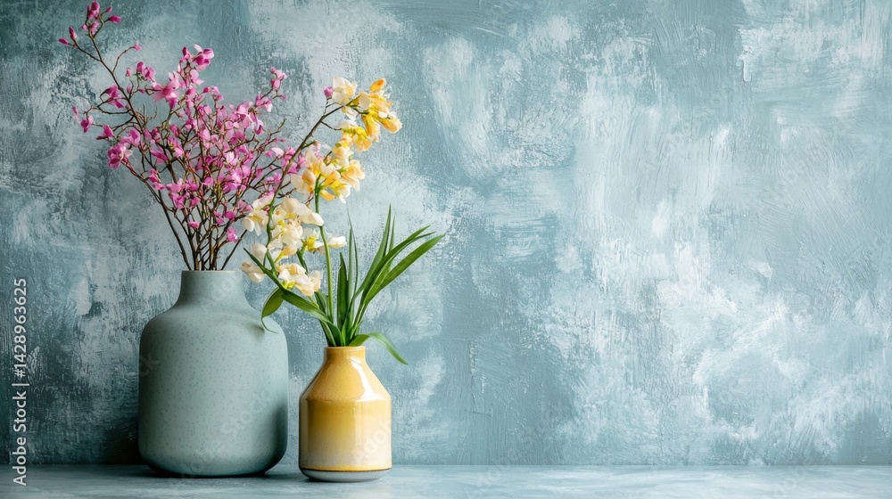 Fototapeta premium Minimal floral arrangement with neutral ceramic vases
