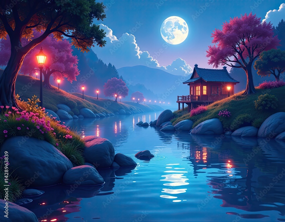 Dreamy Landscape with Japanese House and Full Moon