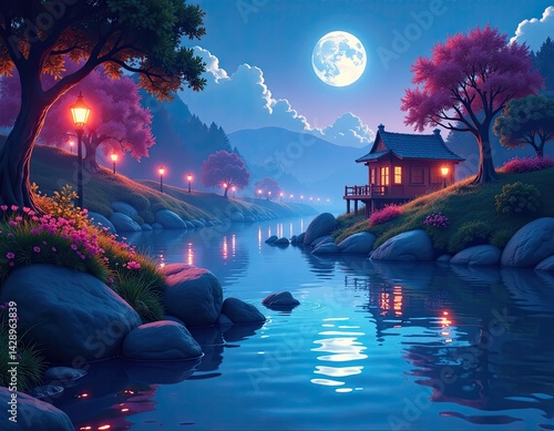 Obraz na płótnie Dreamy Landscape with Japanese House and Full Moon w salonie