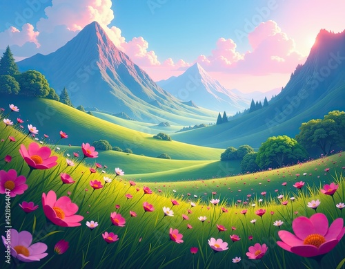Dreamy Mountain Landscape with Pink Flowers